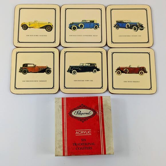 Pimpernel Vintage Drink Coasters Acrylic Classic Cars Made in England Six Cork - Picture 1 of 12